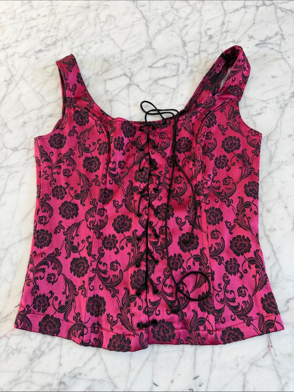 Y2K Fredericks Hollywood Satin Maroon Embroidered Bustier Goth Corset Cami Top
